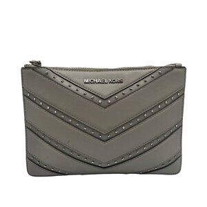 Michael Kors Pearl Grey Cheveron Ellius XL Leather Wristlet
